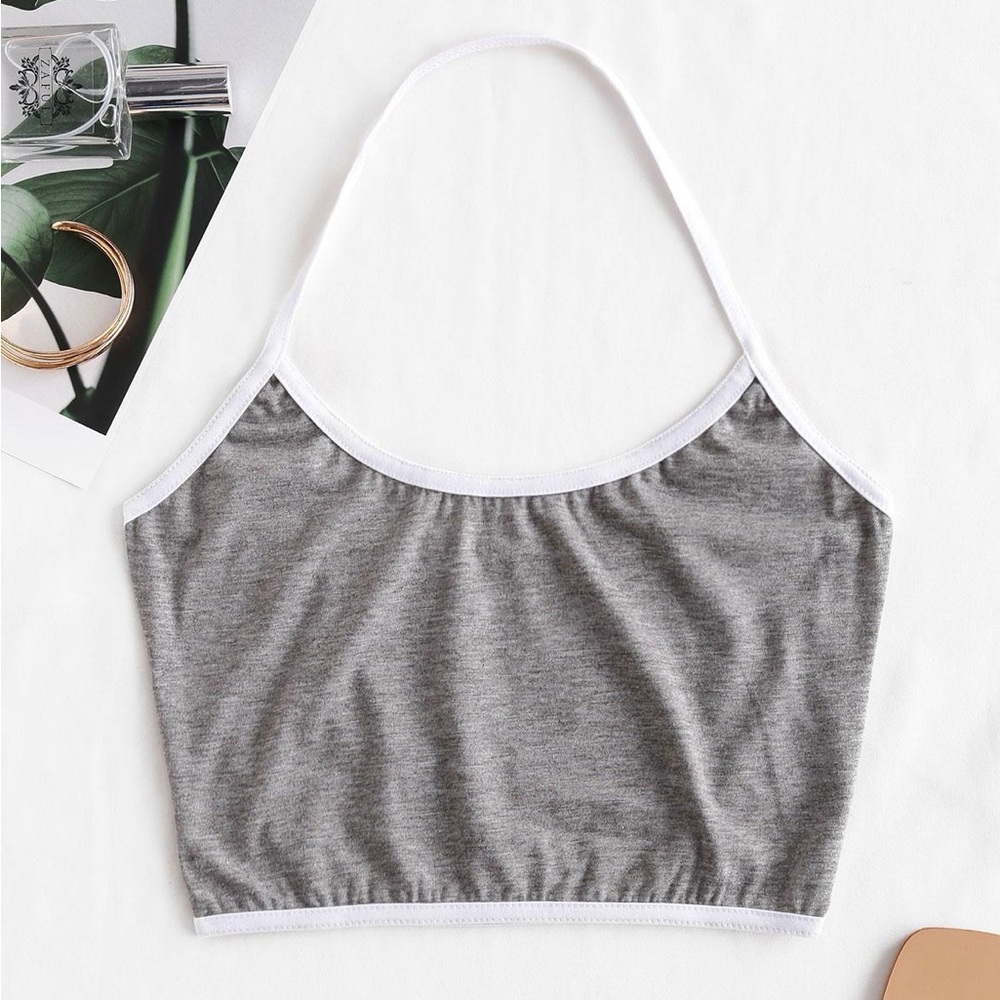 Gray & White Halter Contrast Trim Crop Top Size Small